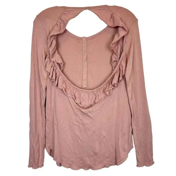 Chaser Henley Open Back Long Sleeve Knit Top M Pink Front Button Lettuce Hem NWT - Picture 5 of 5